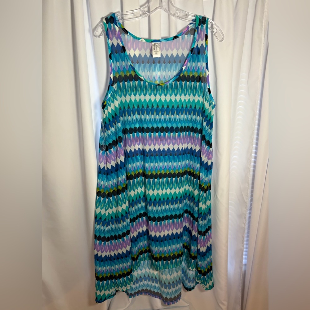PROFILE BY GOTTEX Teal & Blue Print Sheer Dress/Coverup Sz L